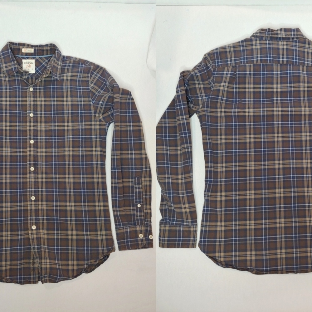 Fossil Shirt Button Front Long Sleeve Brown Blue Plaid Vintage Fit Cotton Medium